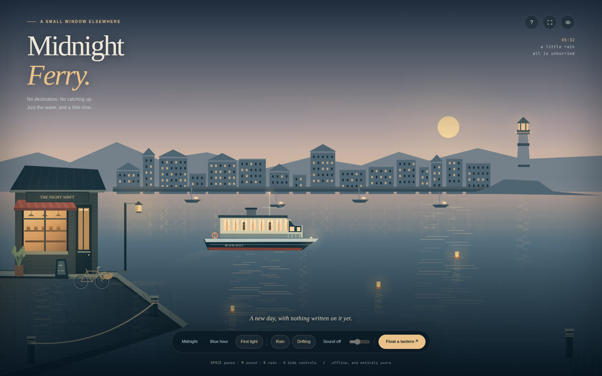 The same harbour at first light, with warm peach skies and a small ferry