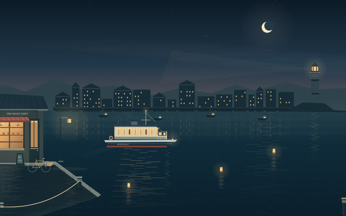 A small amber-lit ferry passing a café and harbour wall under a blue night sky